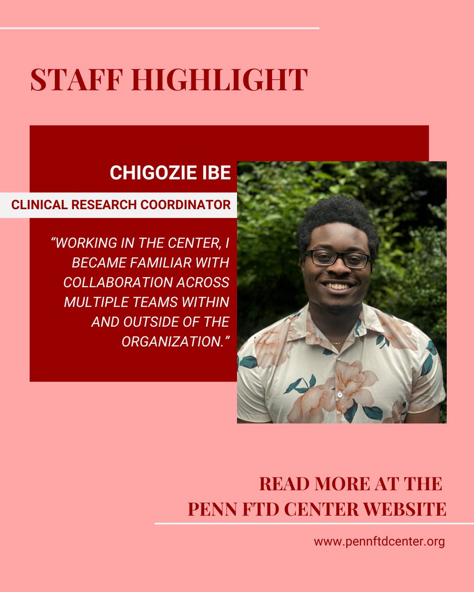 Penn FTD Center Staff Highlight 🌟

Chigozie Ibe has been a Clinical Research Coordinator A at the Penn FTD Center since June 2023 working on the UNICORN observational study, recruiting participants for 7T MRI scans, and much more.

📍Read about Chigozie at the link in our bio!