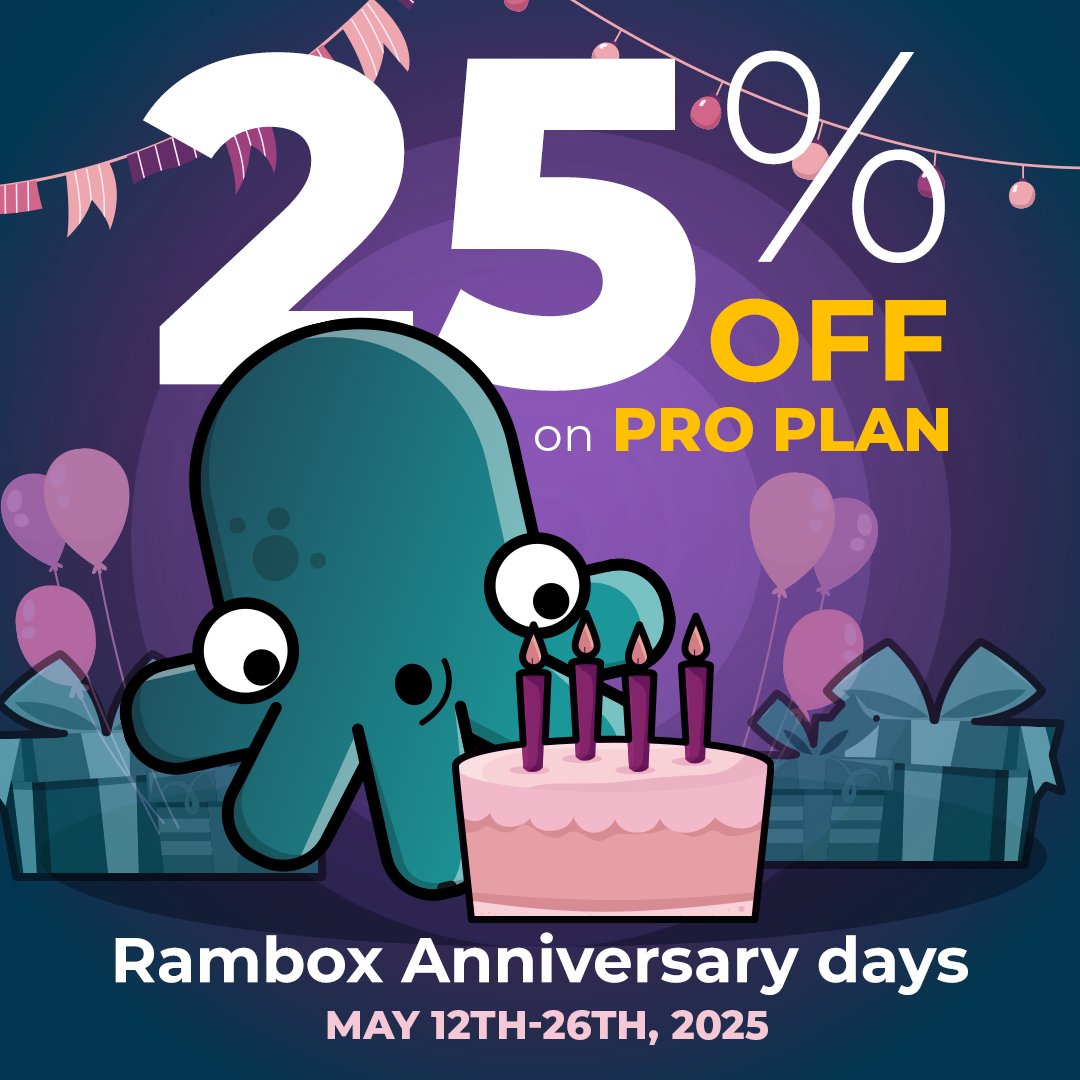 🎉 It’s Rambox’s birthday! Celebrate with 25% OFF on the PRO plan:

🔹 Yearly → $52.50 (save $31.50)
🔹 Lifetime → $157.50 (save $52.50)

🆕 New to Rambox? Start a free trial and get the discount if you upgrade before Jun 15th

All the info👉🏼rambox.app/sales/annivers…