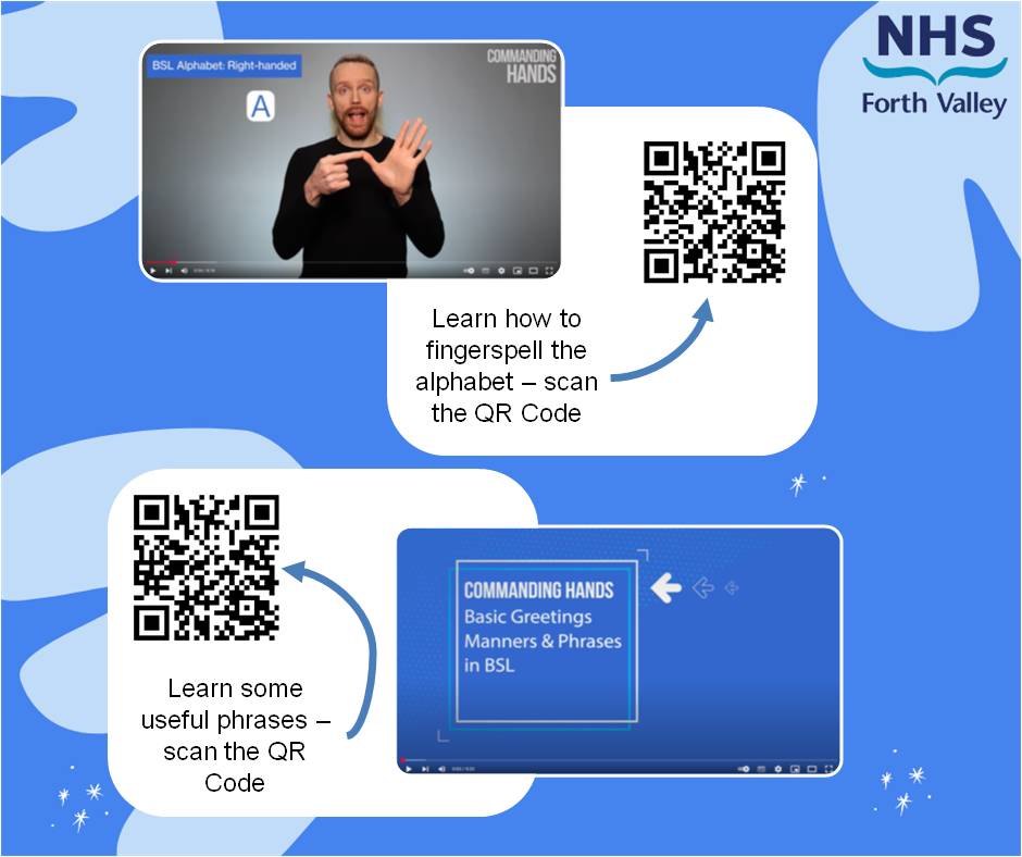 slt_fv's tweet image. To end our month focussing on Deaf Awareness, we are thinking - a really good start to supporting your communication with a Deaf person.
Check out the QR codes to watch the signs in action and learn some useful everyday signs to extend your communication. #sltfv
