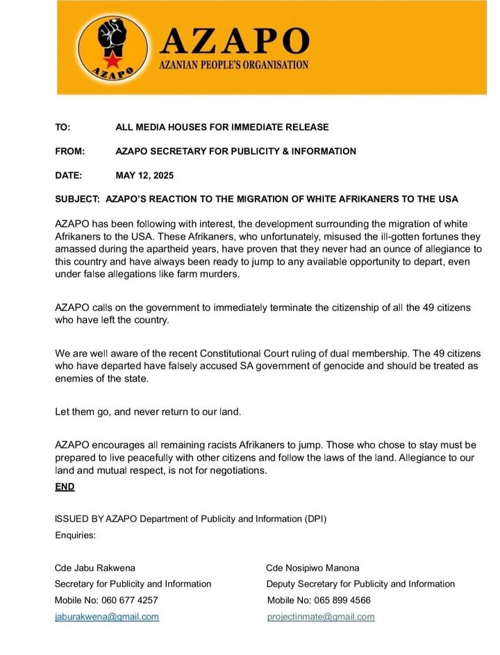 White Afrikaners must go with immediate effect and never return to our land!