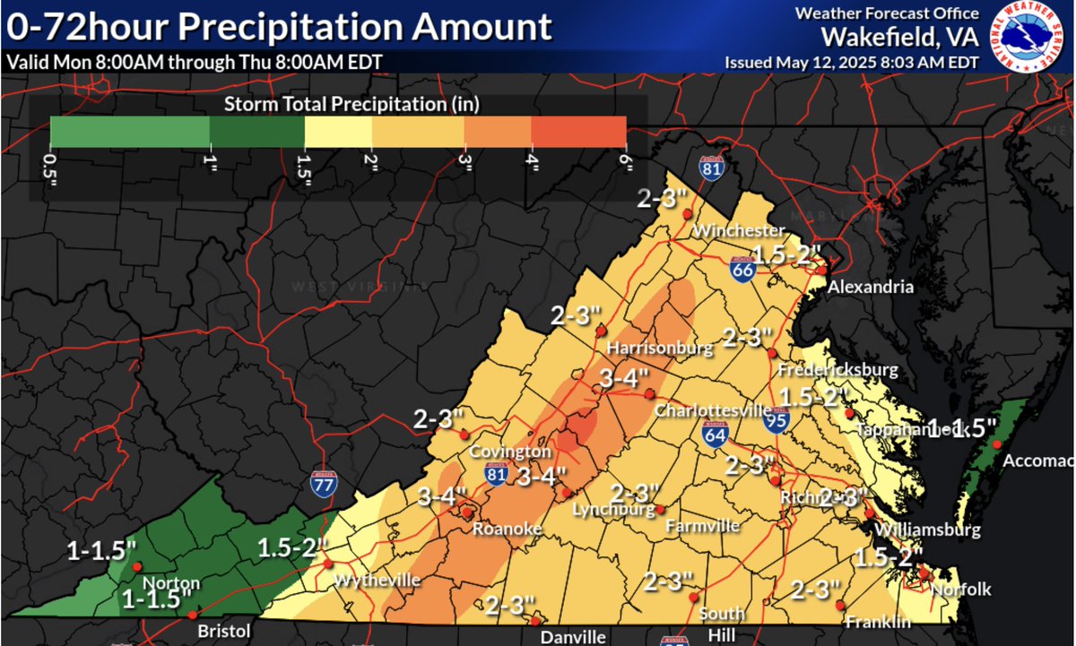 Over the next 72 hours, a weather system will bring significant rain over the commonwealth with a potential of flooding in many areas. Take precautions now. Know the risks in your area. Never drive through flood waters on roadways! vaemergency.gov/threats/floods