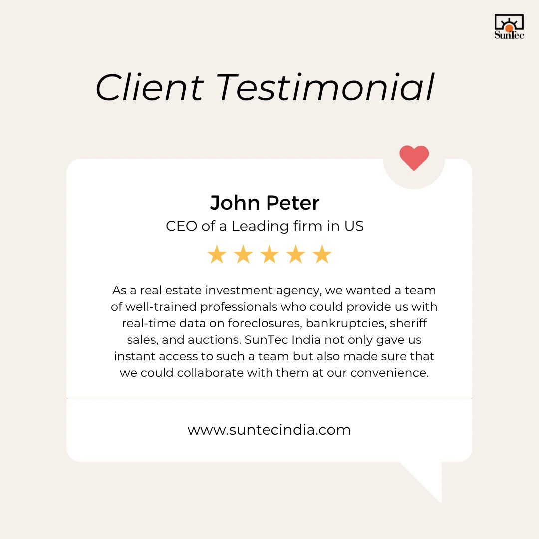 SunTecIndia's tweet image. Need real-time, accurate, and reliable data to back your sales strategies and marketing efforts? Explore how our #WebResearchServices can help you: shorturl.at/aokFE

#SunTecIndia #ClientTestimonials