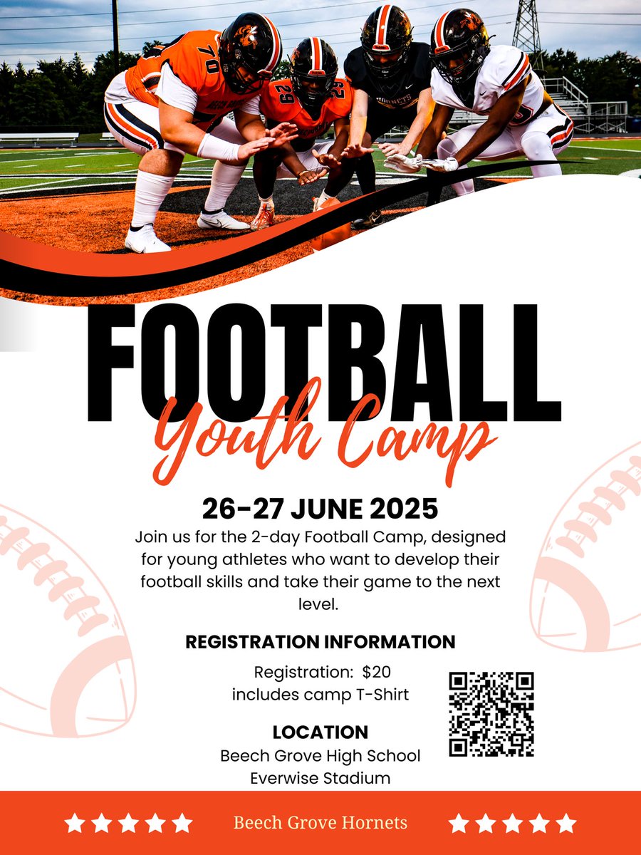 This summer, on June 26th and 27th, we’ll be hosting our first Youth Football Camp. Parents can sign up using the QR code on the flyer. Camp open from K-8th graders