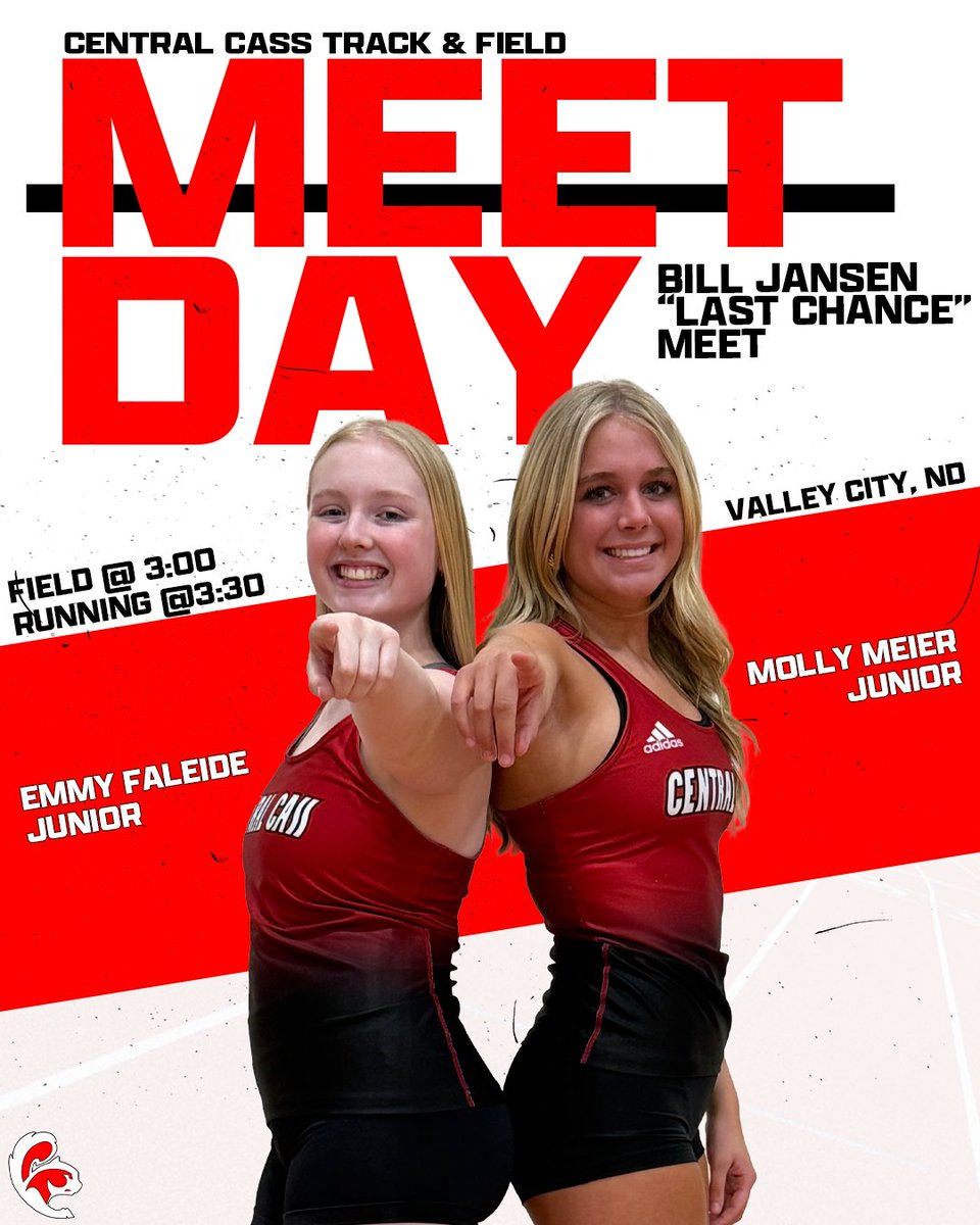 Bill Jansen Last Chance Meet
📍 Valley City High School
🗓 Monday, May 12th
⏰ Field events start at 3:00 PM
🏃🏻‍♀️🏃🏽‍♀️🏃🏼‍♀️ Running events start at 3:30 PM
🏅Results athletic.net
⭐️Schedule: tinyurl.com/42pn3nb5
🍿 Concessions Available
🎟 Adults $6, Students $4