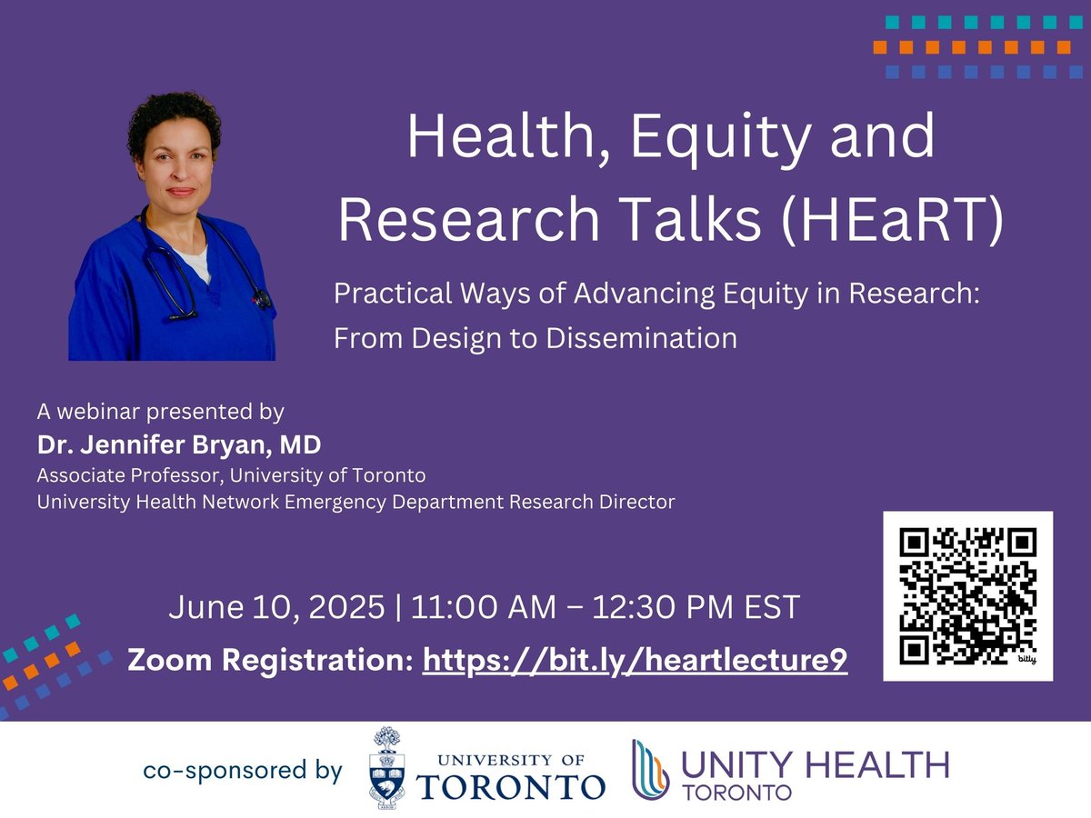 Don't miss this exciting HEaRT talk on practical ways of advancing equity in research featuring Dr. Jennifer Bryan. Register here: ca01web.zoom.us/webinar/regist… #UnityHealthResearch #Equity #HealthResearch