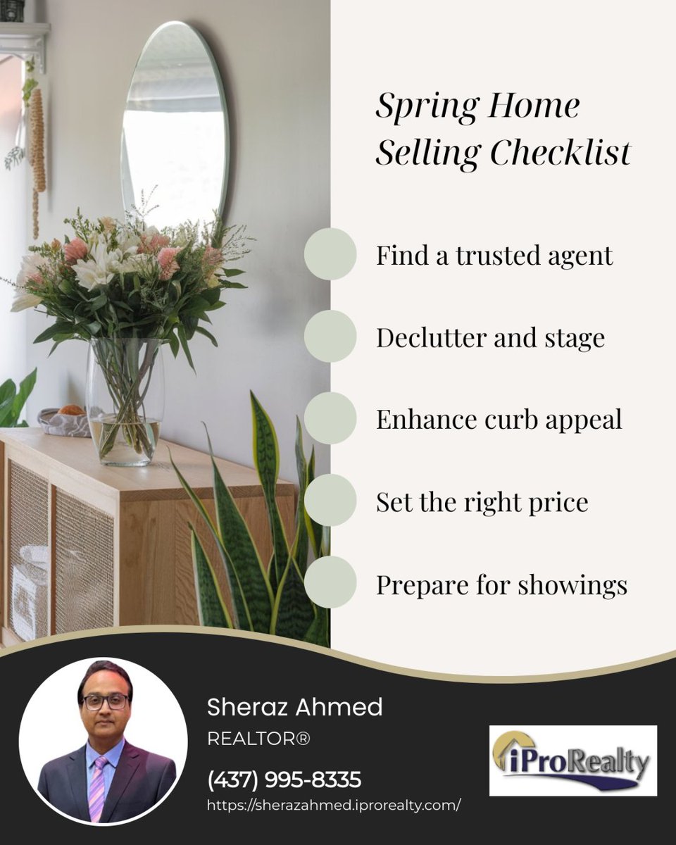 RealtorSheraz's tweet image. Here’s your guide to selling your home with confidence:

✅ Find a trusted agent
✅ Declutter and stage 
✅ Set the right price
✅ Enhance curb appeal
✅ Prepare for showings

Let’s make your home stand out this spring! Reach out today to get started! 🏡✨

#YoursRealtor