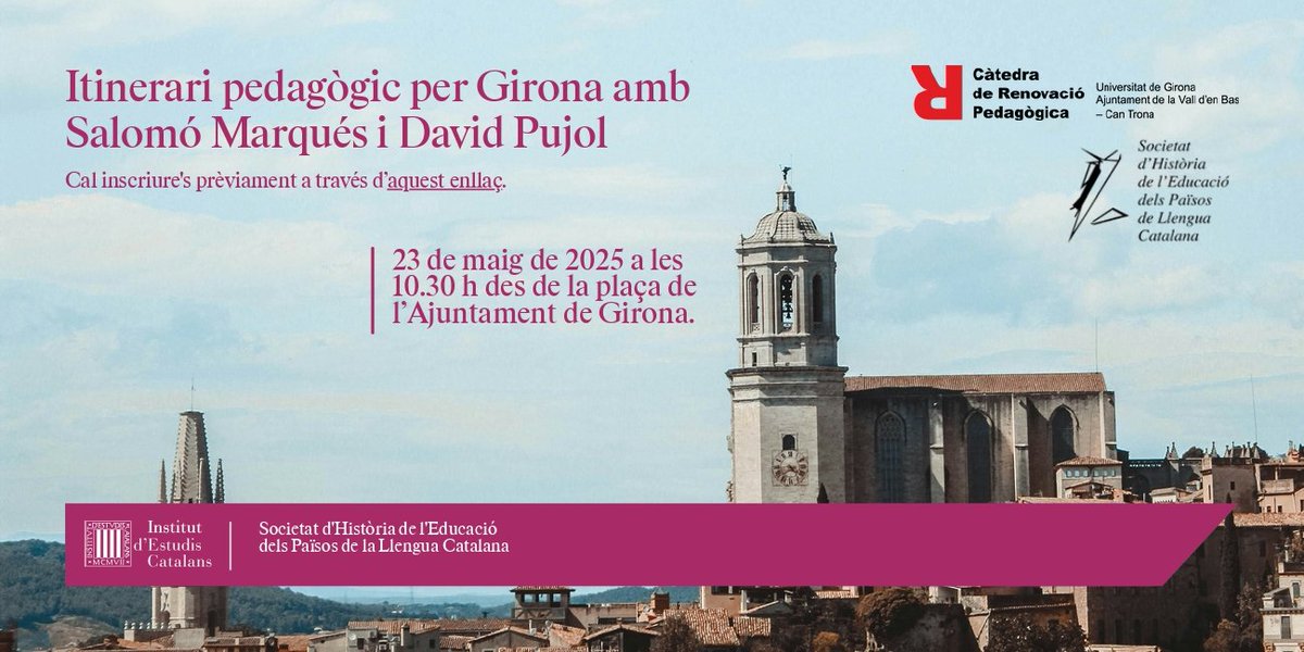 🗣 Us conviden a participar en un itinerari pedagògic per la ciutat de Girona, guiat per Salomó Marquès i David Pujol

📆23 de maig a les 10.30 h, amb inici a 📍la plaça de l’Ajuntament de Girona. 

Inscripcions prèvies a 👉🏼 inscriu.me/ca/itinerari-p…

#renovem <a href="/univgirona/">Universitat de Girona</a>