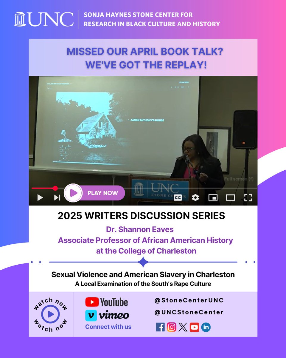 Replay of Writers Discussion Series featuring Dr Shannon Eaves is available! Dr Eaves, Assoc Prof of African American History, College of Charleston, presented her book, Sexual Violence &amp; American Slavery: The Making of Rape Culture in the Antebellum South go.unc.edu/Yy9n6
