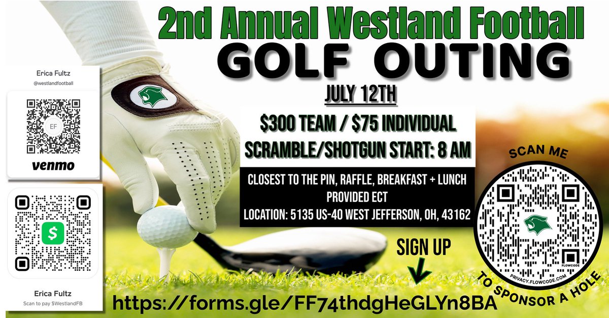 Join us for the 2nd Annual Westland Golf Outing! ⛳
Use the link below to register, and scan the QR code if you're interested in sponsoring a hole.
All proceeds benefit the Westland Football Program.
#TOUGHSTREET