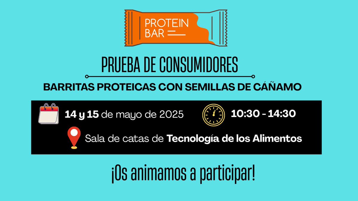 🥣 Ven a probar nuestras barritas proteicas con semillas de cáñamo 🌱
¡Tu opinión cuenta! 💬 ¡Te esperamos!
🔗 #InnovaciónAlimentaria #BarritasProteicas #SemillasDeCañamo #CienciaDeLosAlimentos #UniversidadEnAcción
👩‍🔬👨‍🔬 Organiza: <a href="/UBUEstudiantes/">Universidad Burgos</a>  <a href="/UBUinvestiga/">UBUinvestiga</a>