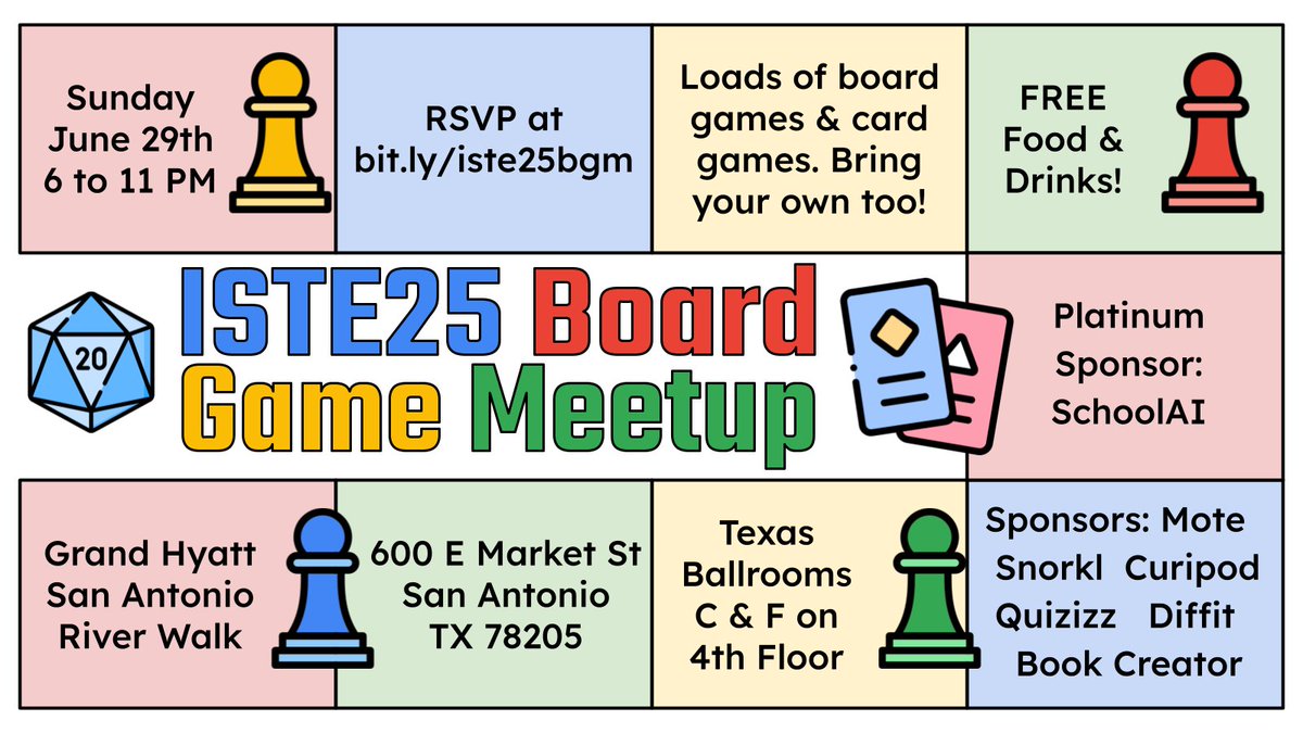 Are you attending ISTE25? Join us for:
📢 #ISTELive Board Game Meetup
📆 June 29th - 6-11pm
📍 Grand Hyatt San Antonio - Texas Ballrooms C&amp;F
🎲 Board &amp; card games to play &amp; bring your own!
🍕 Food &amp; drinks
💲 FREE registration - bit.ly/iste25bgm

#EdTech