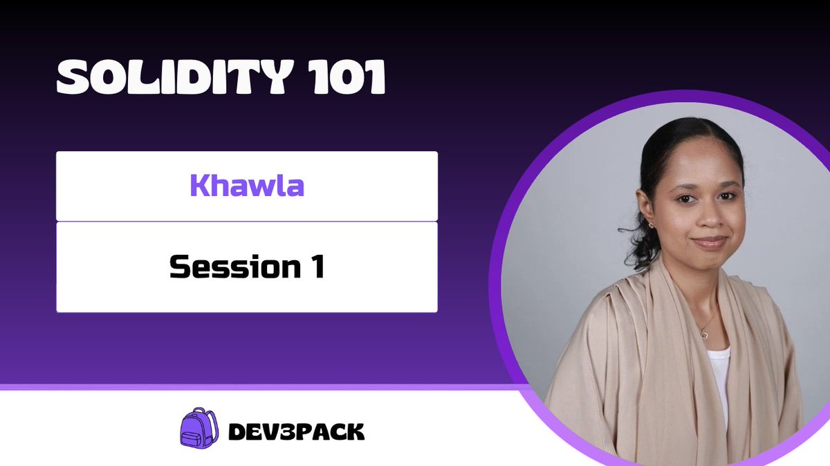 𝗦𝗲𝘀𝘀𝗶𝗼𝗻 𝟭 - 𝗦𝗼𝗹𝗶𝗱𝗶𝘁𝘆 𝟭𝟬𝟭 𝗕𝗼𝗼𝘁𝗰𝗮𝗺𝗽 🎒

Let’s get hands-on.
<a href="/xchaiboba/">khawla خولة</a> kicks things off and we’re diving straight into Solidity 101

Ready to learn, code and grow.