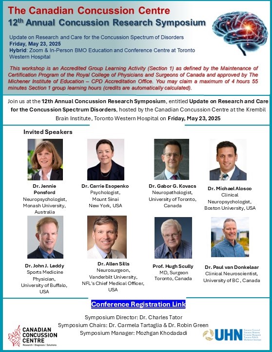🧠 Join us for the CCC 12th Annual Concussion Research Symposium on May 23, 2025 – hybrid event (Zoom + Toronto).
Learn from top experts in concussion care.
✅ CPD-accredited by Royal College.
Register: events.myconferencesuite.com/ConcussionSym2…
#Concussion #BrainHealth #CPD #UHN