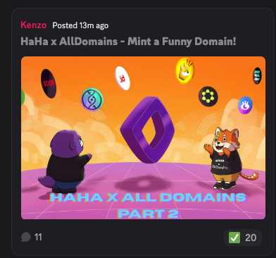 HaHa Wallet (@haha_app) on Twitter photo Part 2 (final) of the HaHa x <a href="/AllDomains_/">AllDomains 🧬</a> will soon be available in-app 💜
To unlock Part 2, you must complete Part 1 ‼️
You can now also claim up to 2.4 MON in 24 hours with the community faucet in the HaHa Discord 👯 (that's more than any other faucet available lol gg get Part 2 (final) of the HaHa x <a href="/AllDomains_/">AllDomains 🧬</a> will soon be available in-app 💜
To unlock Part 2, you must complete Part 1 ‼️
You can now also claim up to 2.4 MON in 24 hours with the community faucet in the HaHa Discord 👯 (that's more than any other faucet available lol gg get