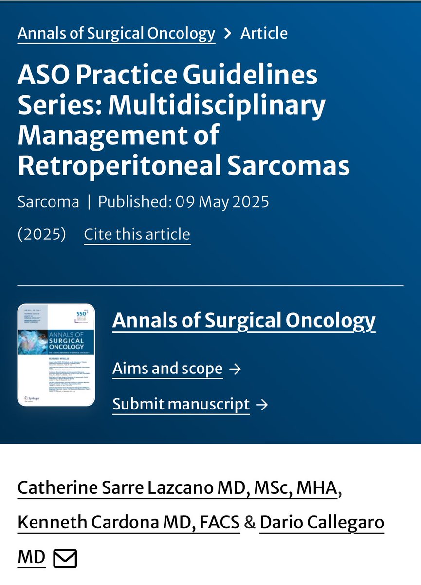 Catherine Sarre (@sarresurgeon) on Twitter photo Thrilled to share our latest publication in <a href="/AnnSurgOncol/">Annals of Surgical Oncology</a> Practice Guideline Series: Multidisciplinary management of #retroperitoneal #sarcoma
Full text 🔗: rdcu.be/elqzw
Thank you <a href="/kencardonaMD/">Ken Cardona</a> <a href="/DCalleMD/">Dario Callegaro</a> for your incredible partnership and expertise Thrilled to share our latest publication in <a href="/AnnSurgOncol/">Annals of Surgical Oncology</a> Practice Guideline Series: Multidisciplinary management of #retroperitoneal #sarcoma
Full text 🔗: rdcu.be/elqzw
Thank you <a href="/kencardonaMD/">Ken Cardona</a> <a href="/DCalleMD/">Dario Callegaro</a> for your incredible partnership and expertise