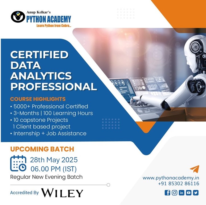 PythonAcademy's tweet image. 🎉 New Batch Alert!
🚀 Starting from 28 May
📚 Learn from the Best – Join Our Latest Data Analytics Batch
📍 Limited Seats | 🔥 Hands-On Learning | 💼 Career-Oriented Training
Would you like this customized for a specific course like Python, SQL, or Power BI?