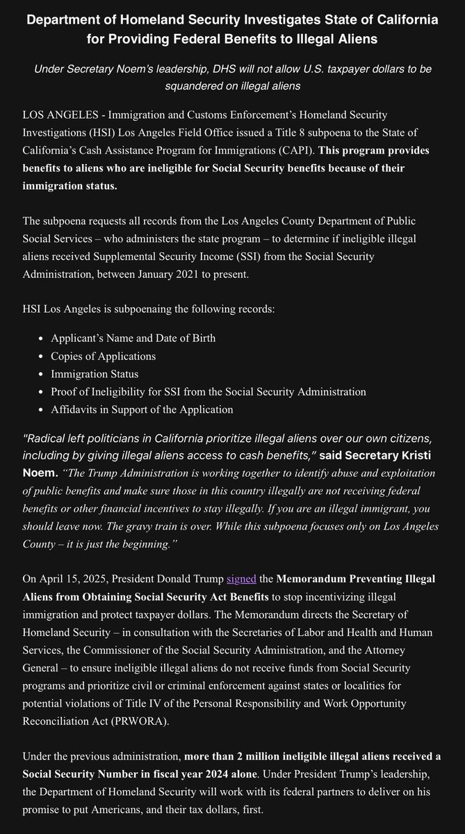 nicksortor's tweet image. 🚨 JUST IN: The Trump admin has launched a probe into the state of CALIFORNIA for providing federal benefits to illegals

“Radical left politicians in California prioritize illegal aliens over our own citizens, including by giving illegal aliens access to cash benefits,” DHS…