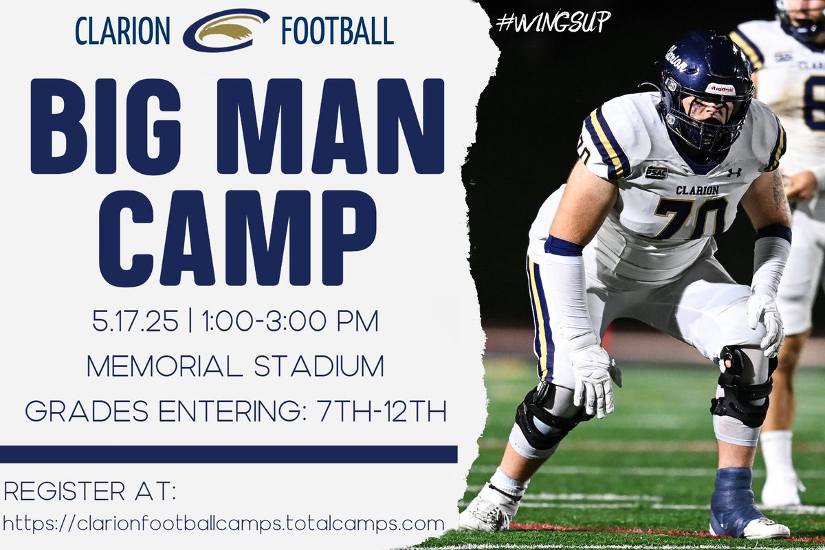 🚨THIS SATURDAY🚨

Clarion Football Big Man Camp ⤵️

This camp is just for you, Big Men. 

Learn techniques and fundamentals while being evaluated by our coaching staff! 

Register Here: clarionfootballcamps.totalcamps.com/shop/product/4…