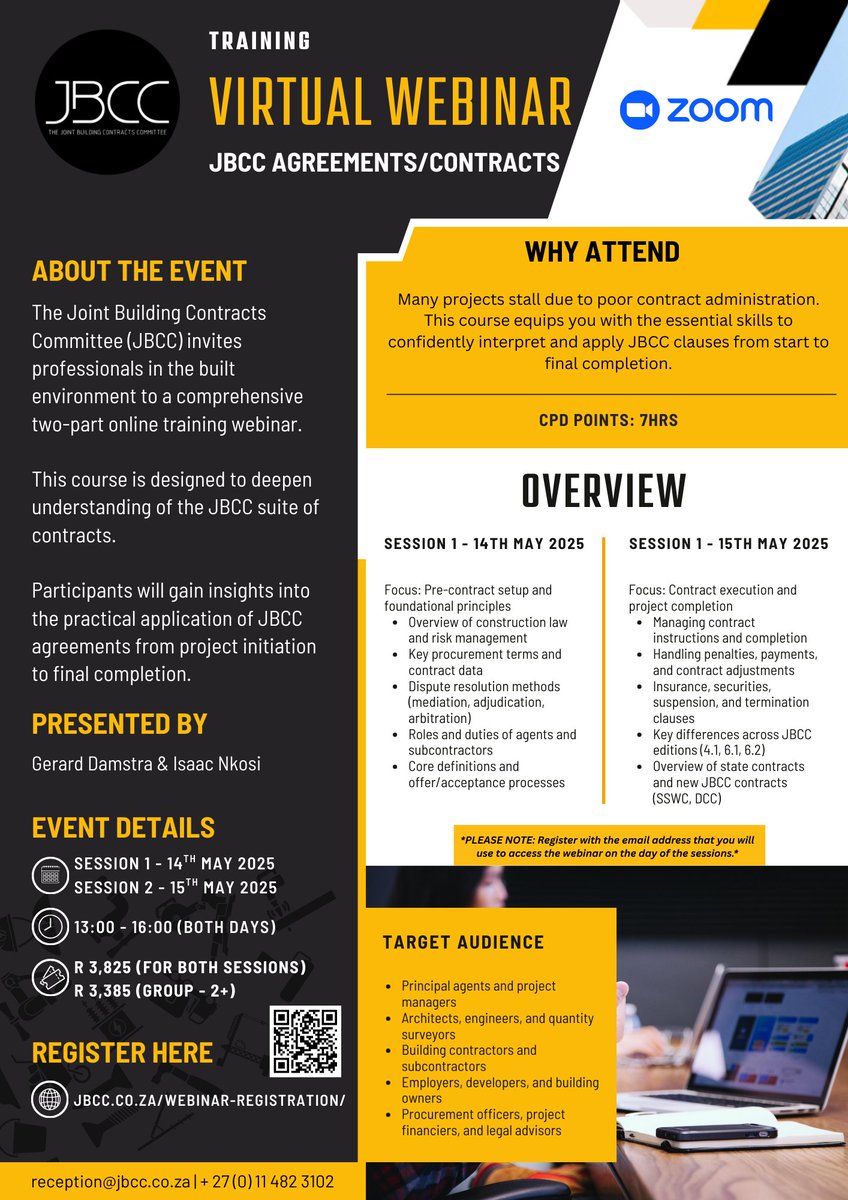 Do you work with JBCC contracts in your projects? Are you confident in applying them from start to final completion?
If not, this is your opportunity to master the JBCC agreements in a practical, expert-led online training webinar.

✅ REGISTER NOW: jbcc.co.za/webinar-regist…