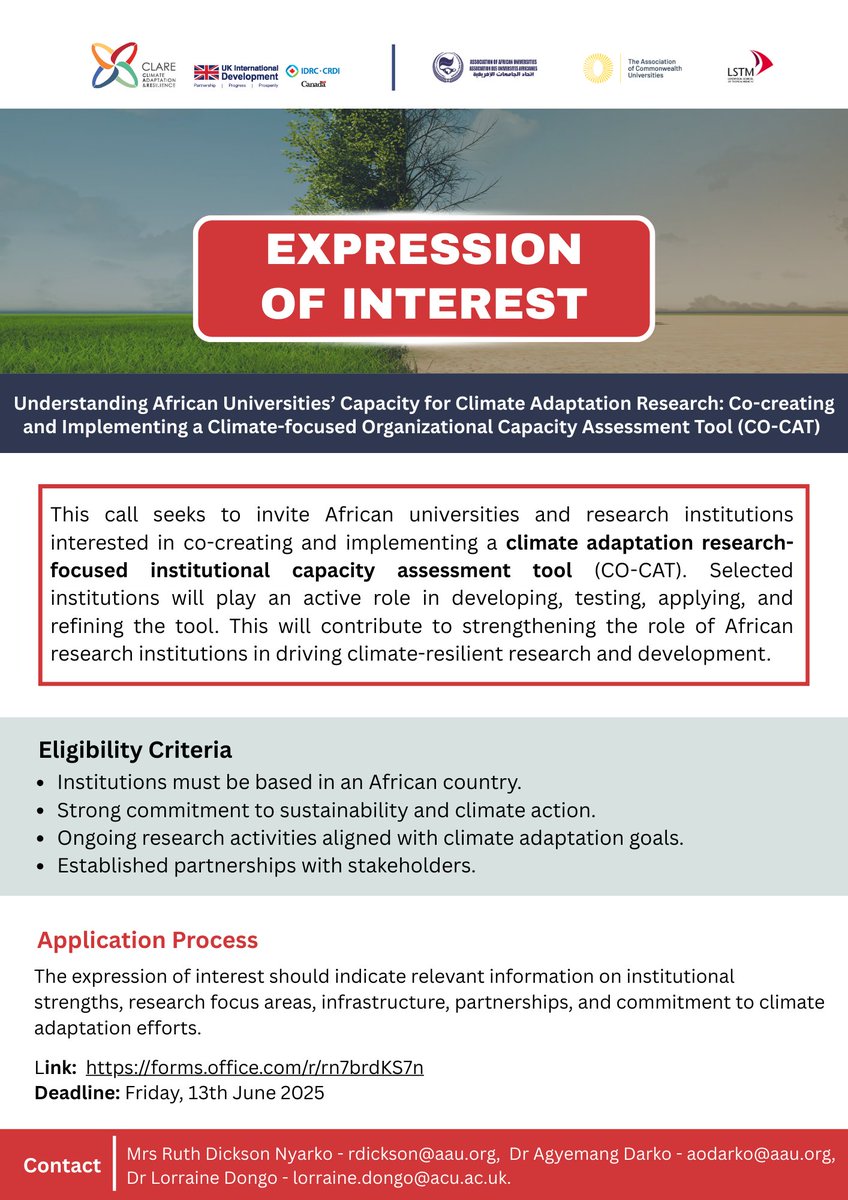 Call for Expressions of Interest! Join a 24-month initiative on climate adaptation research in Africa. Receive a $5,000 seed grant, training &amp; access to a network of 300+ contributors. Apply by June 13, 2025!
Apply here: forms.office.com/r/rn7brdKS7n
Read more: tinyurl.com/4jdxpn65