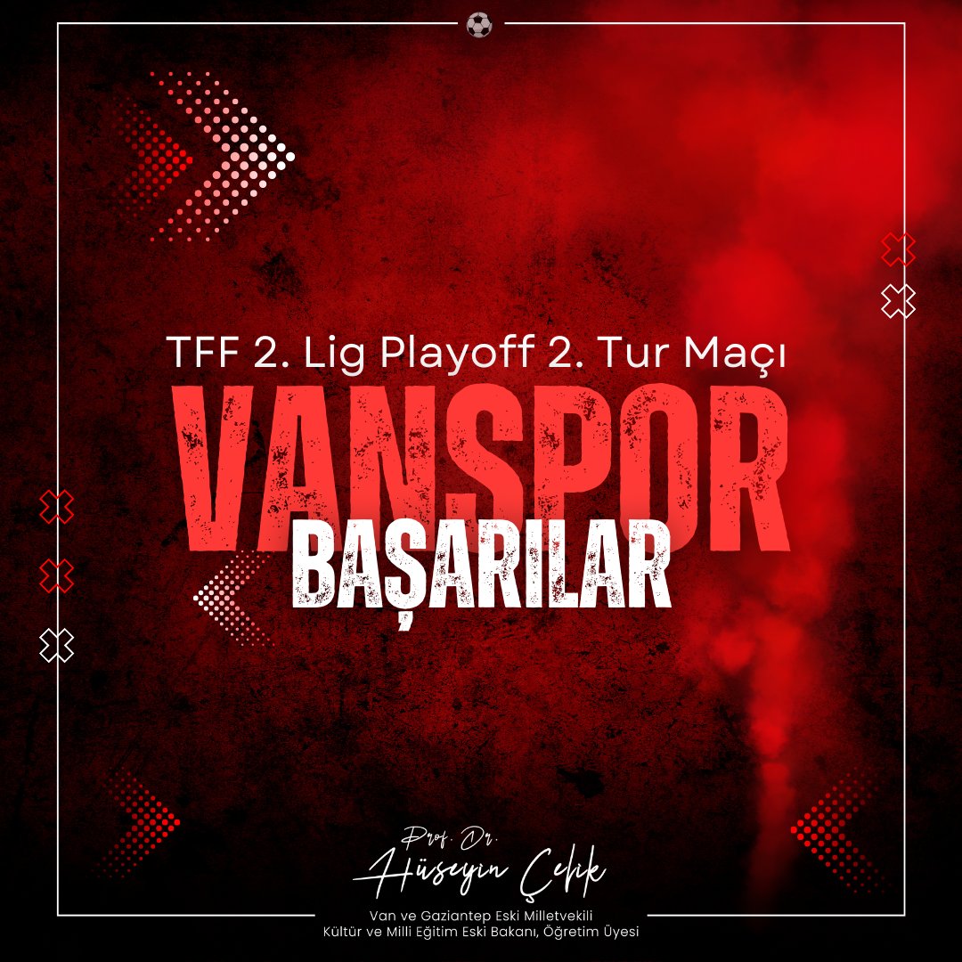 🏆 Bugün TFF 2. Lig Playoff 2. tur maçında 

🏟️ Van Atatürk Şehir Stadyumunda

⬛ 68 Aksaray FK ile karşılaşacak olan

🟥 Vanspor’ a başarılar diliyorum.