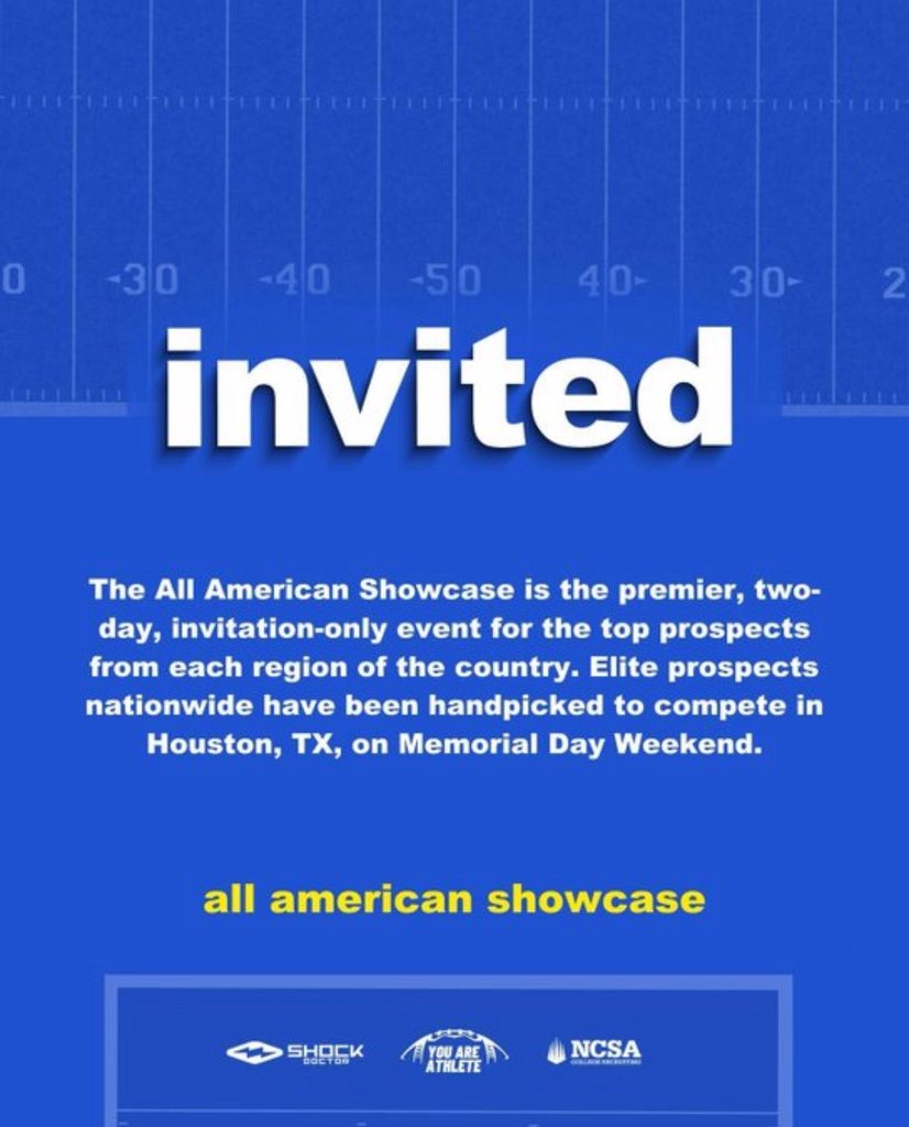 Thank you <a href="/youareathlete/">You Are Athlete</a> for inviting to the All American showcase!

<a href="/coachWillCo/">Colin Williams</a> <a href="/CoachAMatt/">Aaron Matthews</a> <a href="/DVCardinalsFB/">Del Valle Football</a>