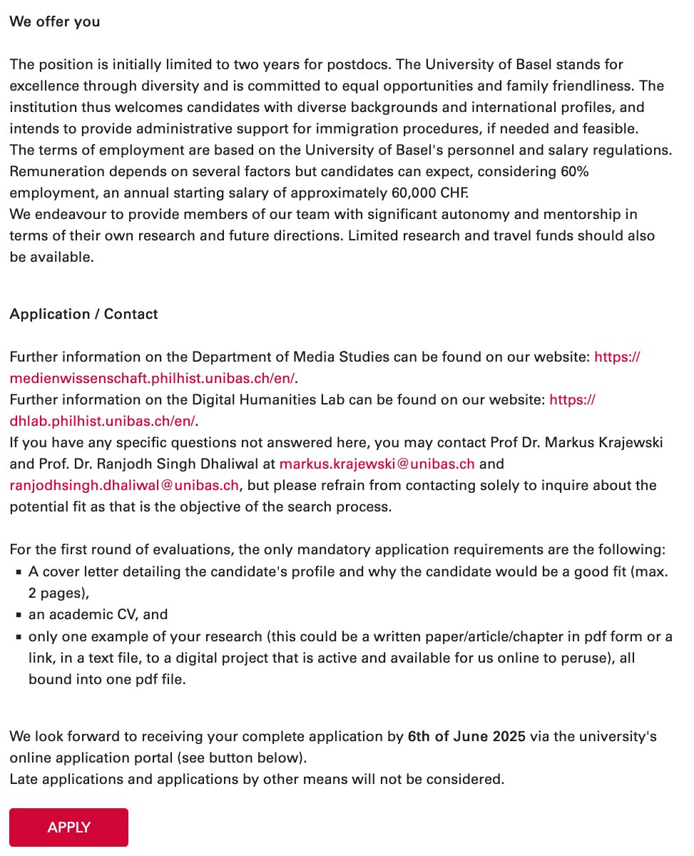 Applications just opened for a postdoctoral position in Digital Media Studies with Markus Krajewski and myself at the Department of Media Studies and the Digital Humanities Laboratory at the University of Basel. (1/3)