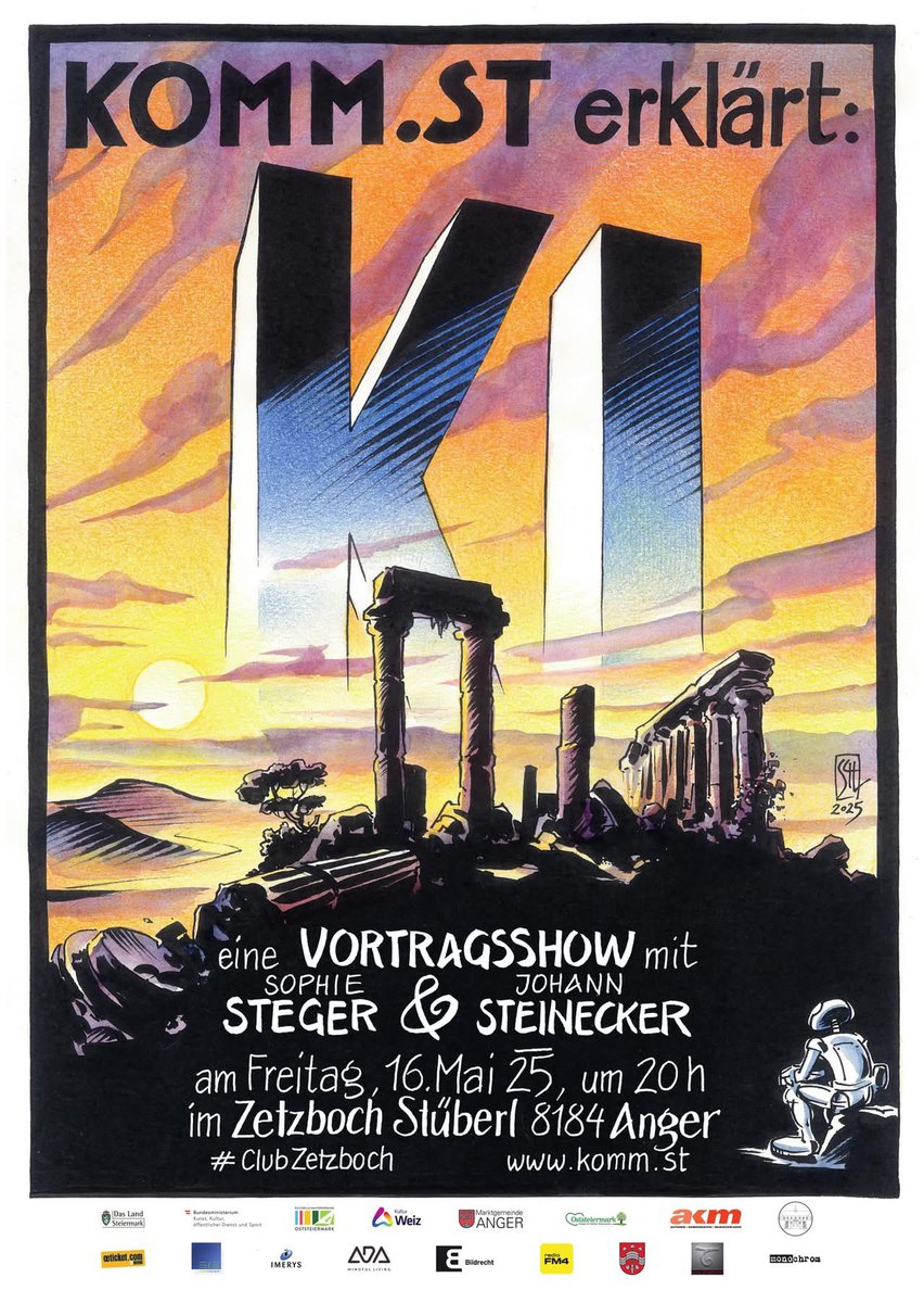 Und schon geht es weiter bei KOMM.ST mit einem aktuellem Thema! KOMMST erklärt KI - VORTRAGSSHOW mit Sophie Steger &amp; Johann Steinecker - CLUB ZETZBOCH am 16. Mai um 20 Uhr! komm.st/event/komm-st-…