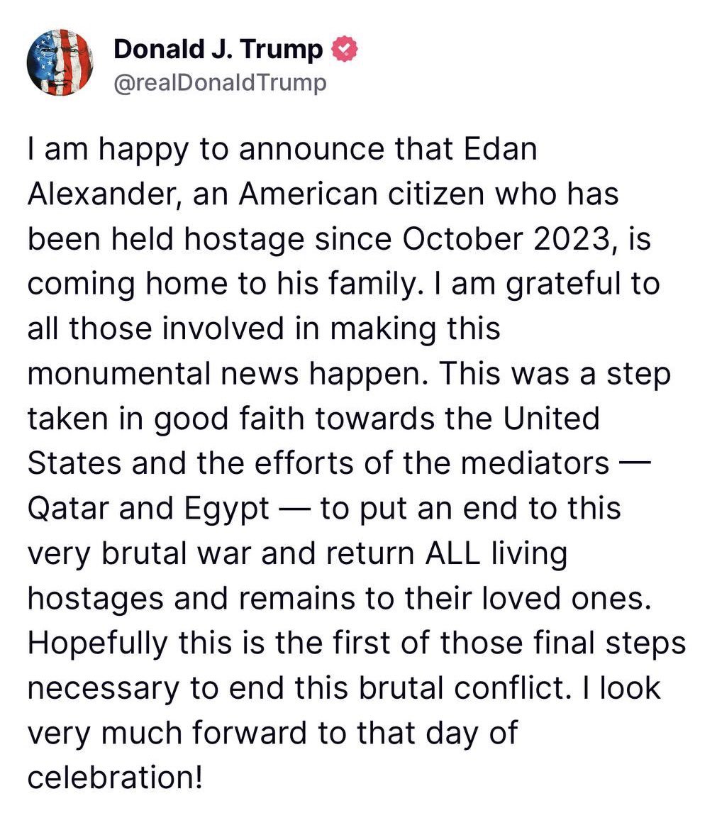 House Foreign Affairs Committee Majority (@houseforeigngop) on Twitter photo .<a href="/RepBrianMast/">Rep. Brian Mast</a>: “Thank you, President Trump for securing the release of another American-Israeli hostage. This administration leaves no man or woman behind.” .<a href="/RepBrianMast/">Rep. Brian Mast</a>: “Thank you, President Trump for securing the release of another American-Israeli hostage. This administration leaves no man or woman behind.”