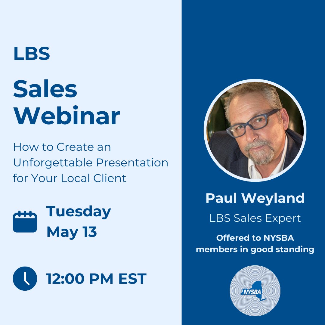 Register now for tomorrow's LBS 2nd Tuesday webinar with sales expert Paul Weyland! He will cover how to create an unforgettable presentation for your local client.

This webinar is free for NYSBA members in good standing.

Click here to register: localbroadcastsales.com/lbswebinars/