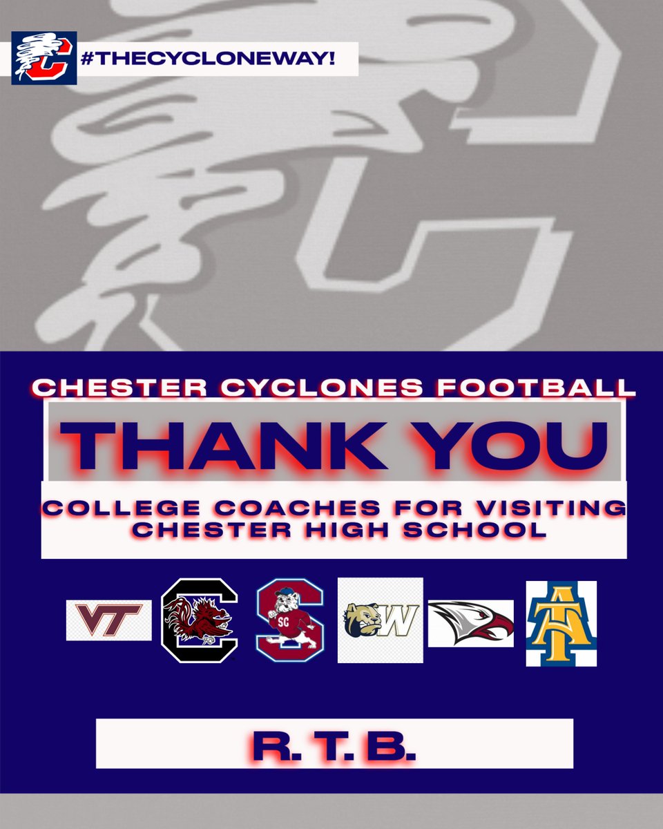 ChesterCyclonesFB (@chester_fb) on Twitter photo Thank You <a href="/HokiesFB/">Virginia Tech Football</a> <a href="/GamecockFB/">Gamecock Football</a> <a href="/NCCU_Football/">NC CENTRAL FB | 🦅🏆🦅</a> <a href="/NCATFootball/">Aggie Pride</a> <a href="/WingateFb/">Wingate Bulldogs Football</a> <a href="/SCState_Fb/">South Carolina State Football</a> For Recruiting <a href="/Chester_FB/">ChesterCyclonesFB</a>! #TheCycloneWay <a href="/CHSFBRecruits/">Chester High School Football Recruiting (SC)</a> <a href="/CNR_Sports/">News & Reporter</a> <a href="/CoachVfloyd/">Victor Floyd</a> <a href="/XiSimpson_51/">Coach Xi🙏🏽🏈</a> <a href="/CoachCaldwell27/">Coach Caldwell</a> <a href="/Terryradford148/">Terry radford</a> Thank You <a href="/HokiesFB/">Virginia Tech Football</a> <a href="/GamecockFB/">Gamecock Football</a> <a href="/NCCU_Football/">NC CENTRAL FB | 🦅🏆🦅</a> <a href="/NCATFootball/">Aggie Pride</a> <a href="/WingateFb/">Wingate Bulldogs Football</a> <a href="/SCState_Fb/">South Carolina State Football</a> For Recruiting <a href="/Chester_FB/">ChesterCyclonesFB</a>! #TheCycloneWay <a href="/CHSFBRecruits/">Chester High School Football Recruiting (SC)</a> <a href="/CNR_Sports/">News & Reporter</a> <a href="/CoachVfloyd/">Victor Floyd</a> <a href="/XiSimpson_51/">Coach Xi🙏🏽🏈</a> <a href="/CoachCaldwell27/">Coach Caldwell</a> <a href="/Terryradford148/">Terry radford</a>