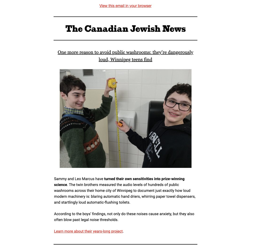 Ellin Bessner (@ebessner) on Twitter photo Why public washrooms with automatic flush toilets can be scary & also dangerous to your ears: a prize-winning study by 2 Winnipeg teens flushes out the noise about risky decibels, reveals which restrooms in Manitoba's capital are the best/worst. <a href="/TheCJN/">The Canadian Jewish News</a> thecjn.ca/news/one-more-… Why public washrooms with automatic flush toilets can be scary & also dangerous to your ears: a prize-winning study by 2 Winnipeg teens flushes out the noise about risky decibels, reveals which restrooms in Manitoba's capital are the best/worst. <a href="/TheCJN/">The Canadian Jewish News</a> thecjn.ca/news/one-more-…