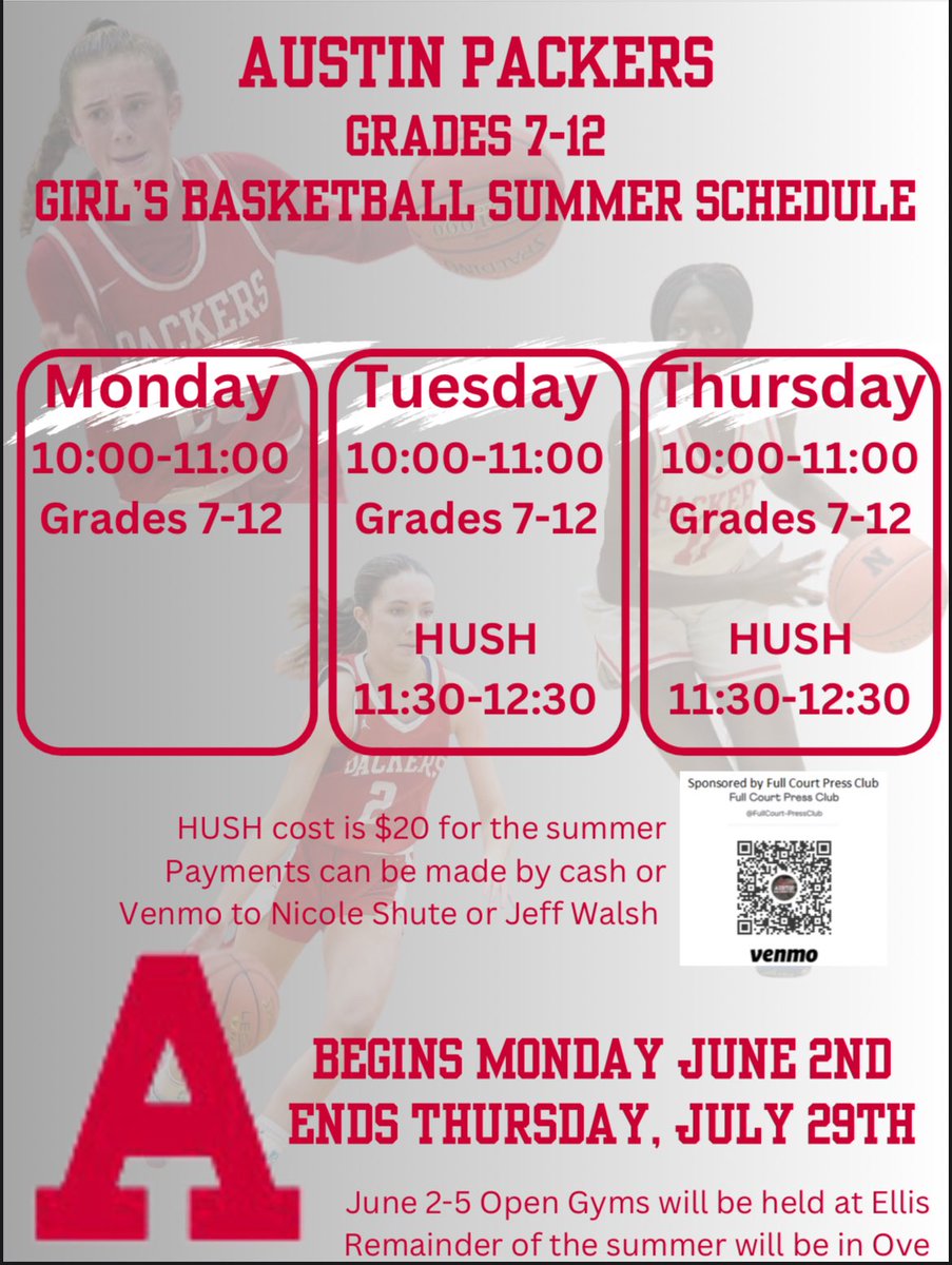 🚨Attention all 7-12 basketball players🚨Please see the summer schedule below and plan to attend as often as you’re able!