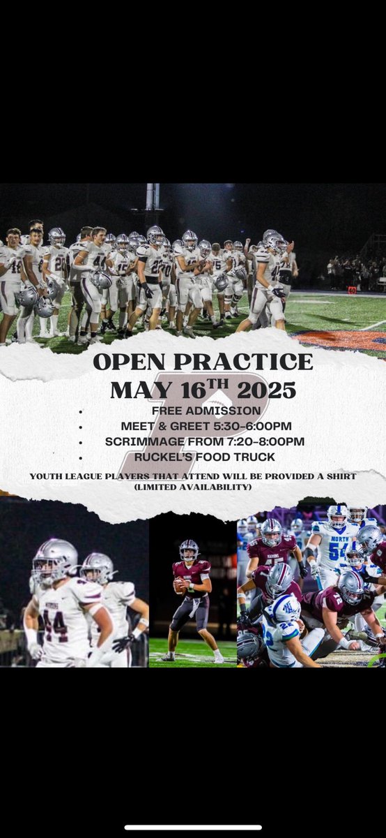 Do not forget about our Open Practice May 16th! 

Lots of fun activities for kids of all ages! 

Youth camp kids get a free T-shirt while supply’s last! 

Go Maroons!