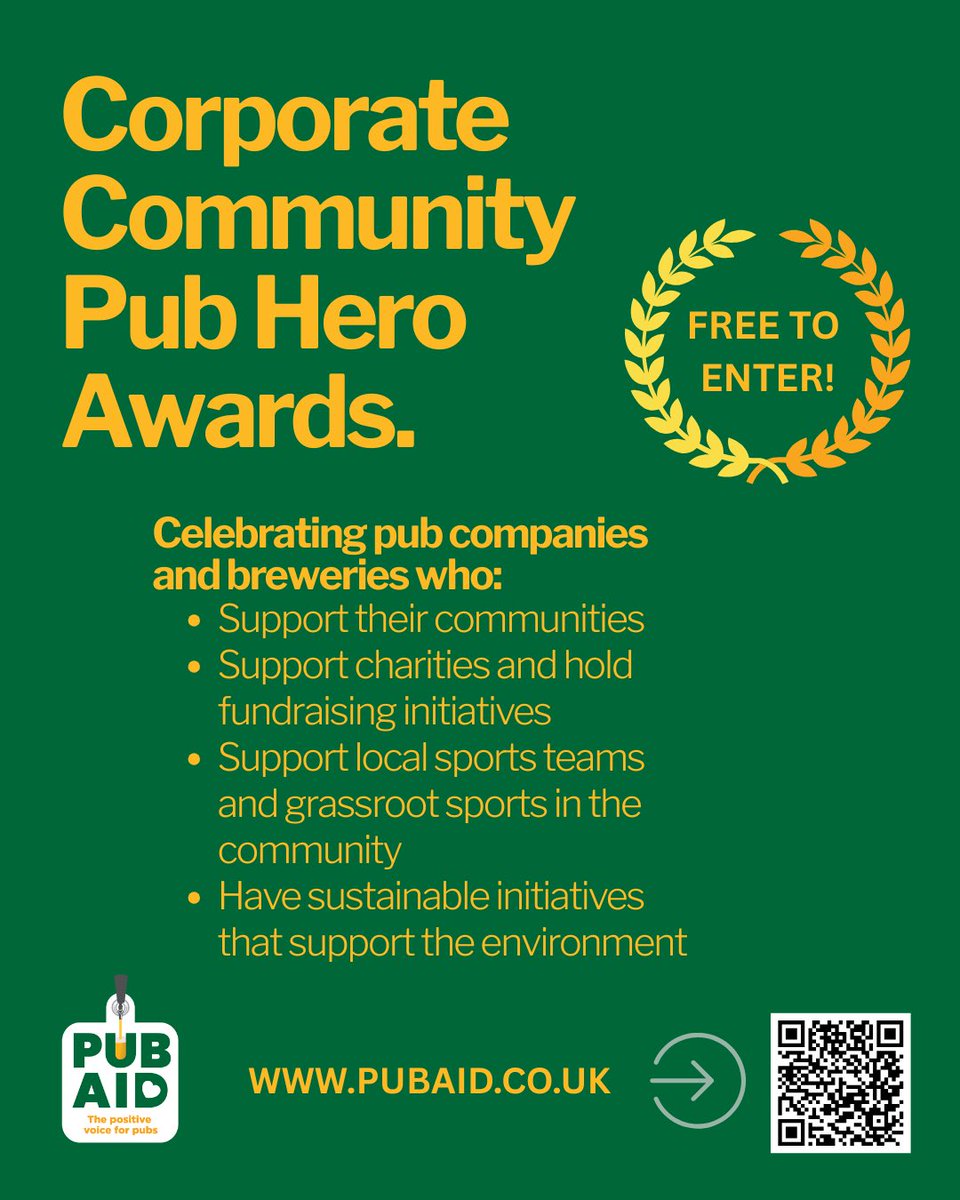 Calling all pub companies and breweries 📣

The Corporate Community Pub Hero Awards are now open ⬇️

pubaid.co.uk/corporate-comm…
