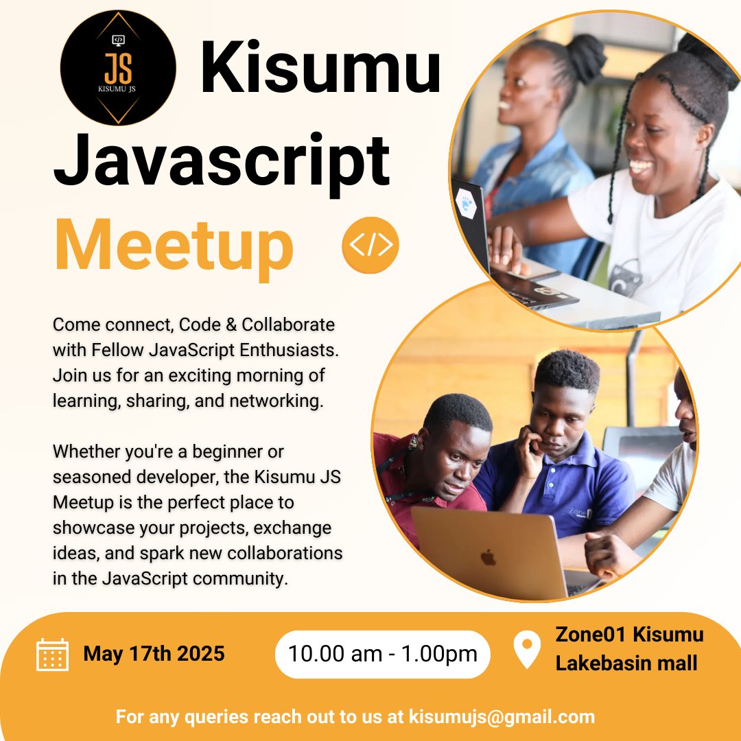 Kisumu JS Meetup
Join us on 17th May at LakeHub from 10AM to 1PM for a hands-on session where we’ll be building reusable JavaScript components, sharing ideas, and reconnecting with fellow devs.
#KisumuJS #JavaScriptCommunity #TechMeetup  #LakeHub