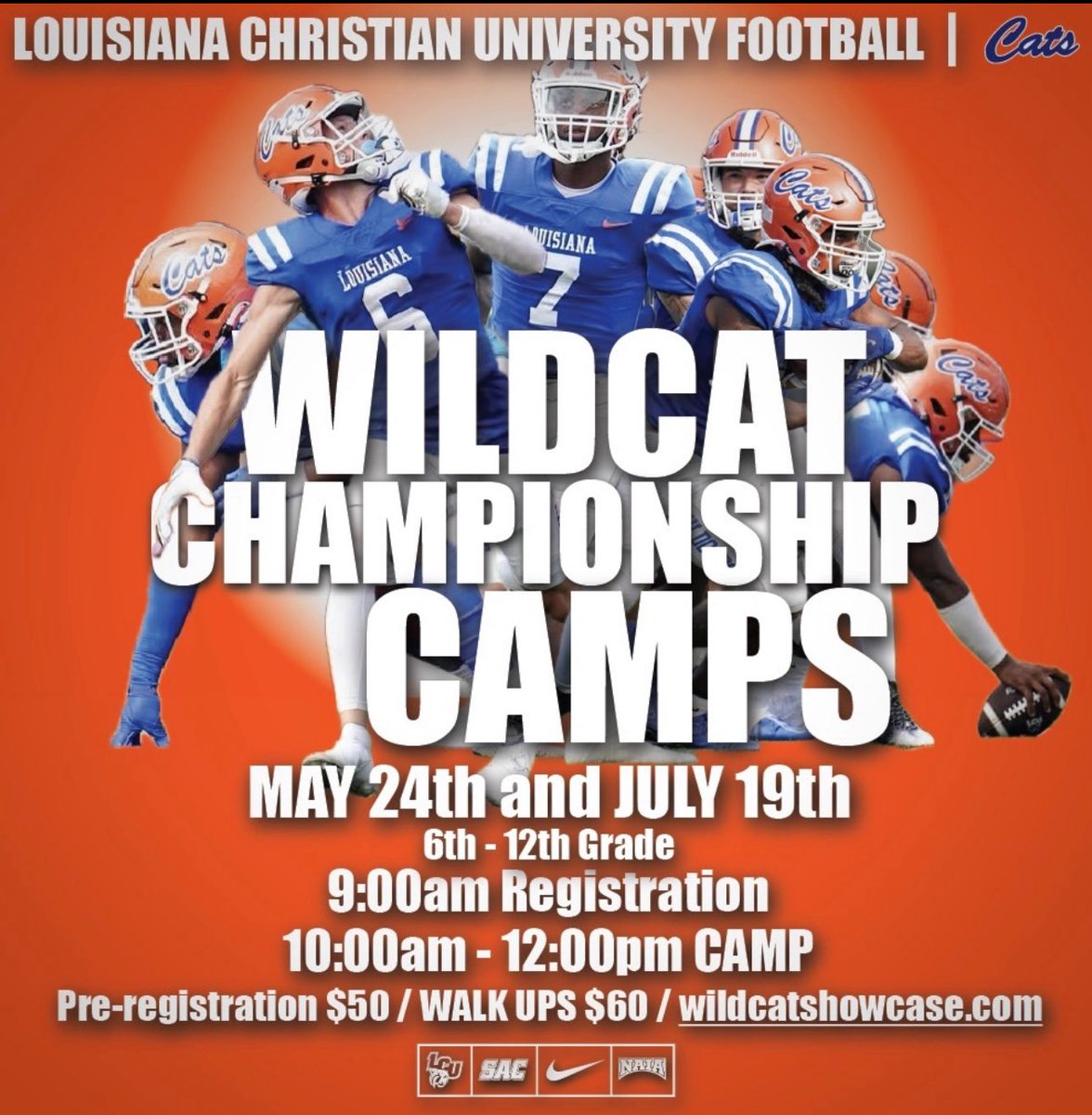 “We’re 12 days out!”

The road to becoming a next-level baller starts now. 

Lock in your spot for the Wildcat Championship Camp!

Grades 6–12 | May 24 | 9AM Reg, 10-12 Camp
Pre-reg: $50 | Walk-up: $60

#WildcatCamp #LouisianaFootball #GeauxCats #Lagniappe #4Pillars