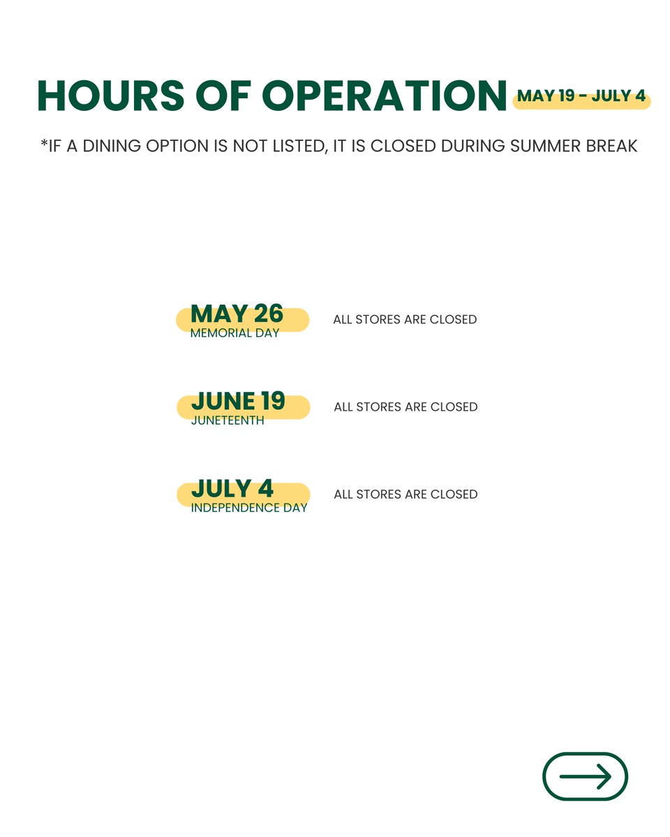 Stay fueled during finals and summer! ☀️🍽️ Here are the dining hours for the final week and summer. Make sure to save this post!

#shopMason #GMU #GeorgeMasonU #MasonDining <a href="/Mason_Dining/">Mason Dining</a>