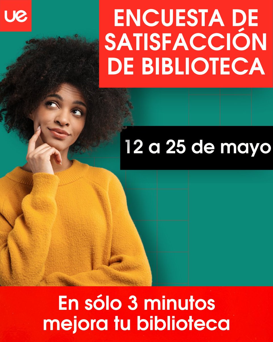 ¡En sólo 3 minutos mejora tu biblioteca!
👩‍💻Os animamos a cumplimentar la encuesta de satisfacción de biblioteca
🔗biblioteca.universidadeuropea.com/encuesta/
