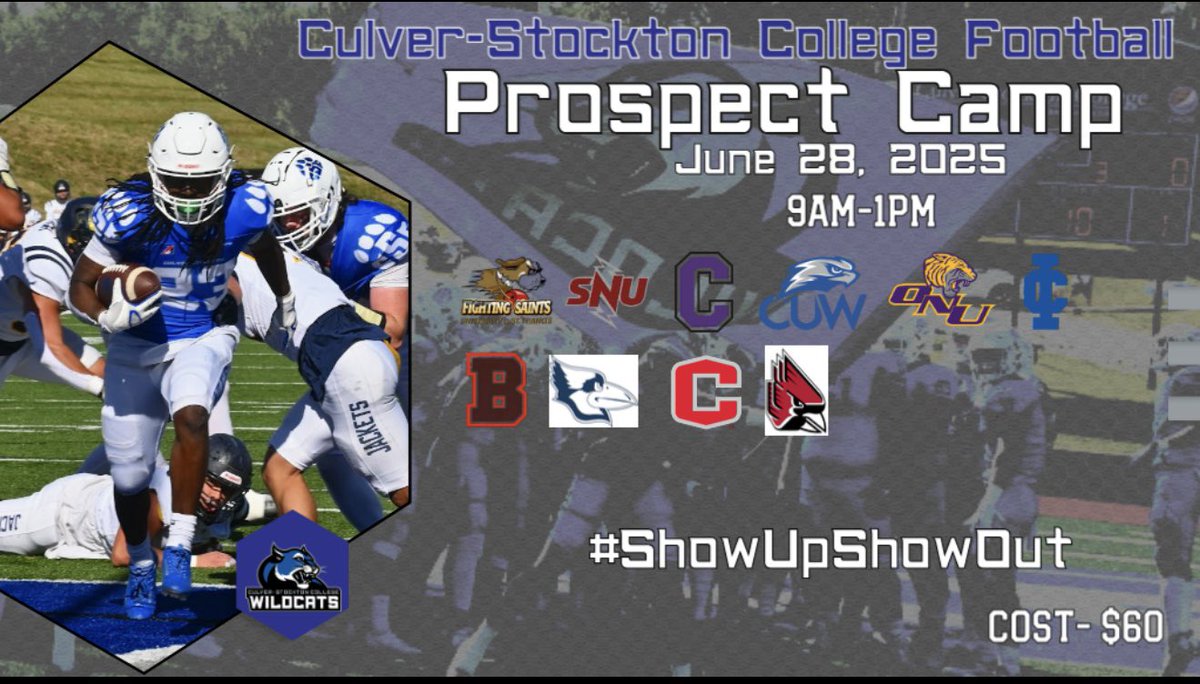 ‼️Attention all 26, 27, and 28 ballers‼️
June 28th | Culver-Stockton College
Prospect Camp is on!

Come get coached up, compete, and get seen by multiple college programs
Let’s work!
#ShowUpShowOut
Link: myculver.com/ICS/APPLY_NOW/…

⏰ 9AM–1PM | 💰 $60 | 🏈 College Exposure