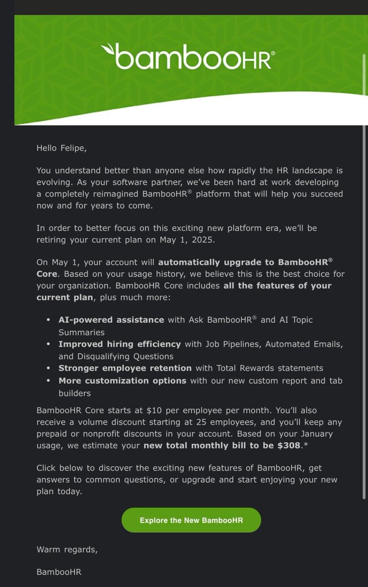 This could be the worst example of raising prices on your customers, courtesy of <a href="/bamboohr/">BambooHR</a>. 

We’re retiring our old plan Mr loyal customer, and we’re now 3xing your monthly cost because “we believe this new plan is better for you” 

Subscription cancelled 👋
