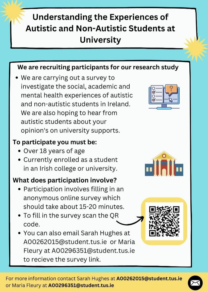 We are still seeking responses to our survey on the social, academic and mental health experiences of autistic and non-autistic university students in Ireland.

Please share with anyone who may be interested.

Link to survey: aitappliedpsych.qualtrics.com/jfe/form/SV_0B…