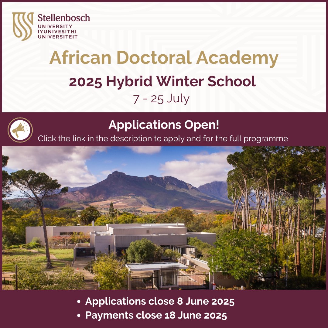 📢 2025 ADA Hybrid Winter School Applications Now Open!

Use the following link to apply: lnkd.in/d2CQeF7m

Winter School Programme: lnkd.in/dqzqgqj2 

 #AfricanDoctoralAcademy #StellenboschUniversity #Reaserch #DoctoralEducation #Africa #SU