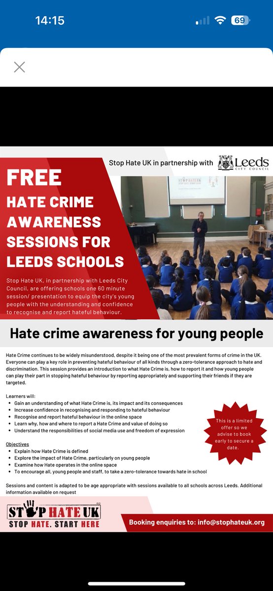 stophateuk's tweet image. We continue our working partnership across #Leeds with @SaferLeeds & local #schools in 25/26 to raise awareness & respond to #hatecrime & discrimination. Ltd number of free training sessions available to all Leeds schools. Email info@stophateuk.org for info #stophatestarthere