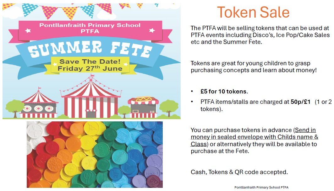 PTFA Token Sale! 🤑. Tokens are a great way for children to learn about money and grasp purchasing concepts. 
PTFA tokens can be used at all events. 1 token = 50p. <a href="/PontPrimary/">PontllanfraithPri</a>