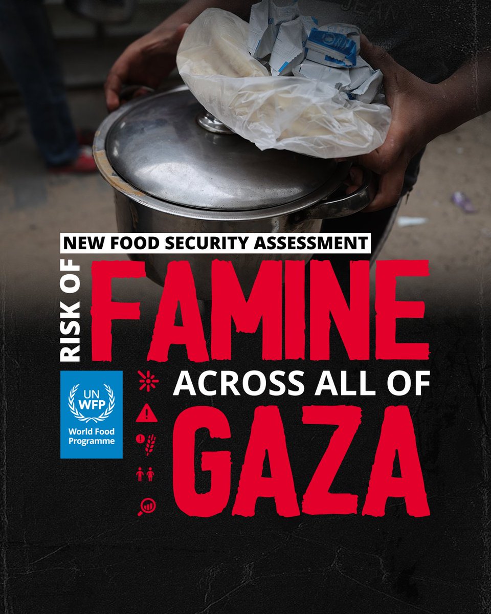 The entire population in Gaza is at risk of famine.

1 in 5 people faces starvation between now and September due to 19 months of conflict, mass displacement and the ongoing blockade of humanitarian aid &amp; commercial supplies.

More from <a href="/WFP/">World Food Programme</a>: wfp.org/news/risk-fami…