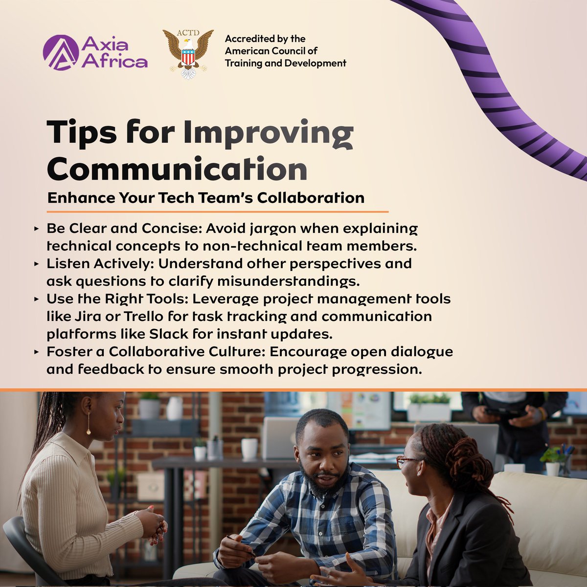 axiaafrica's tweet image. Great teams talk—a lot. In tech, clear communication helps avoid delays, sparks innovation, and keeps everyone on the same page.

What habits or tools have helped your team communicate better? Tell us in the comments. 👇🏿
#AxiaAfrica #TechTeams