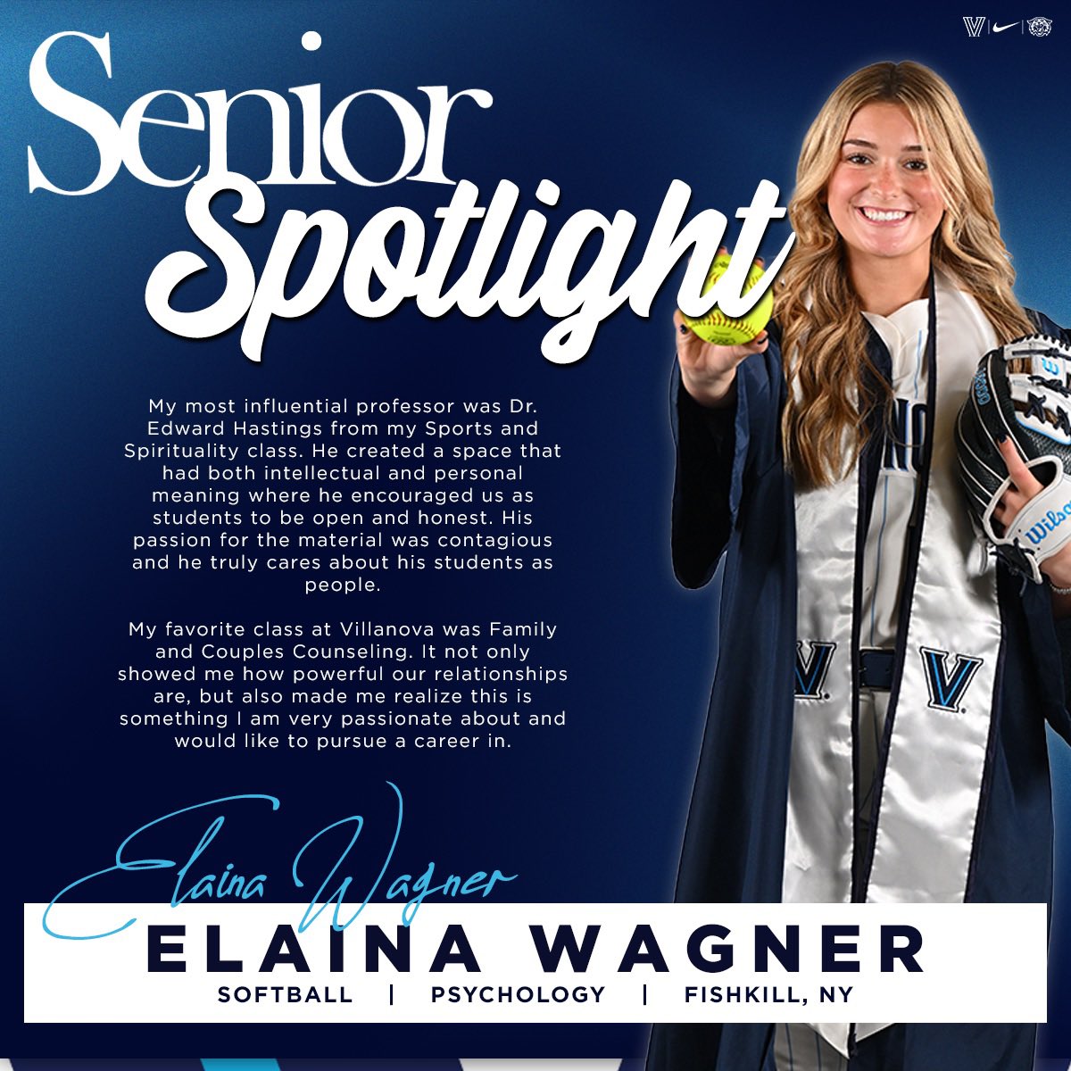Villanova Athletics (@novaathletics) on Twitter photo Next in our Senior Student-Athlete Spotlight Series, hear from 𝐄𝐥𝐚𝐢𝐧𝐚 𝐖𝐚𝐠𝐧𝐞𝐫!
Sport: <a href="/VUSoftball/">Villanova Softball</a>
Major: Psychology | <a href="/clasvillanova/">Villanova CLAS</a>
#NovaGrad2025 #CompleteStudentAthletes Next in our Senior Student-Athlete Spotlight Series, hear from 𝐄𝐥𝐚𝐢𝐧𝐚 𝐖𝐚𝐠𝐧𝐞𝐫!
Sport: <a href="/VUSoftball/">Villanova Softball</a>
Major: Psychology | <a href="/clasvillanova/">Villanova CLAS</a>
#NovaGrad2025 #CompleteStudentAthletes