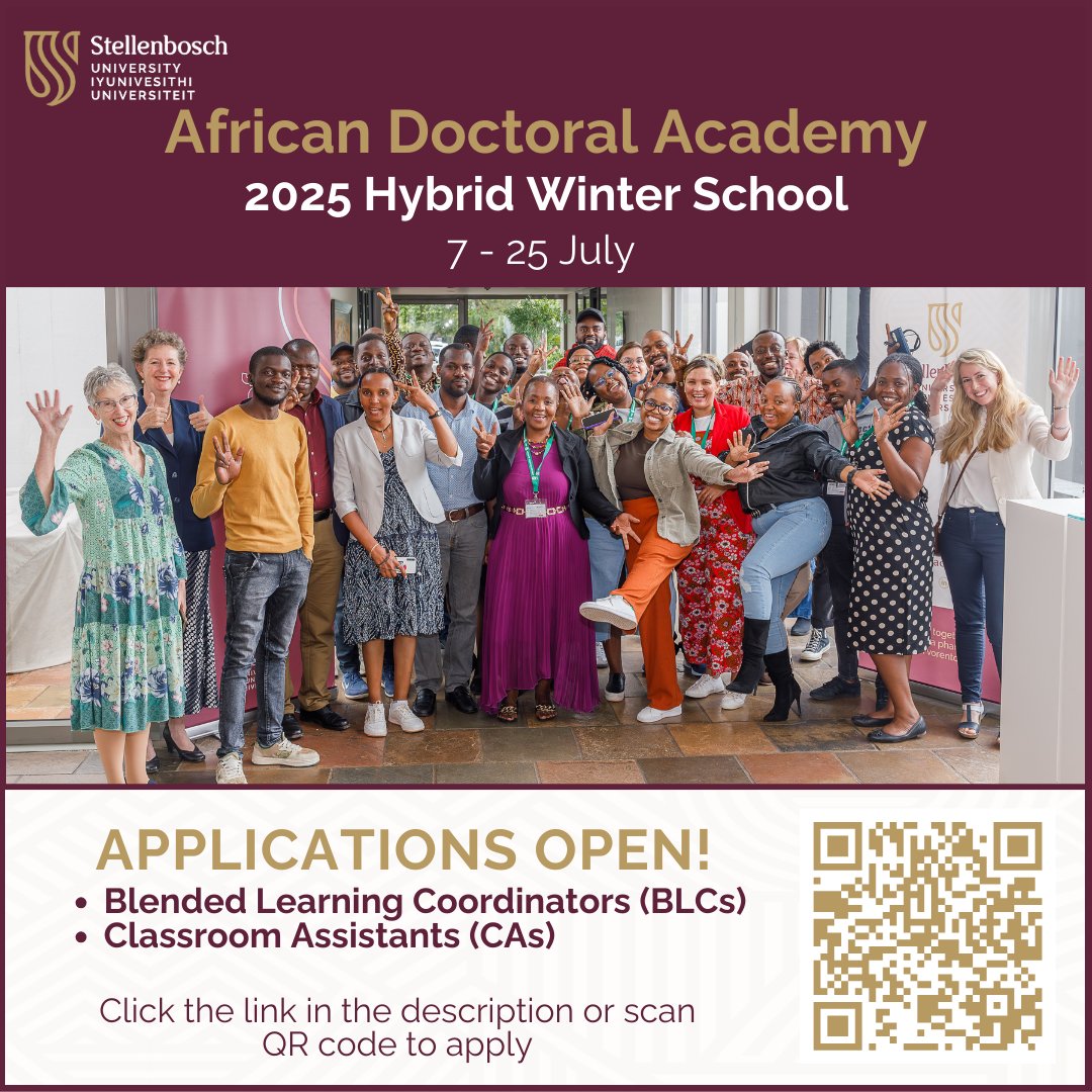 📢The African Doctoral Academy is inviting applications for the following positions during its 2025 Hybrid Winter School:
 🖥️ Blended Learning Coordinators (BLC)
 📚 Classroom Assistants (CA)

📍Apply here: lnkd.in/dW2UD--M

#StellenbochUniversity #research #Africa