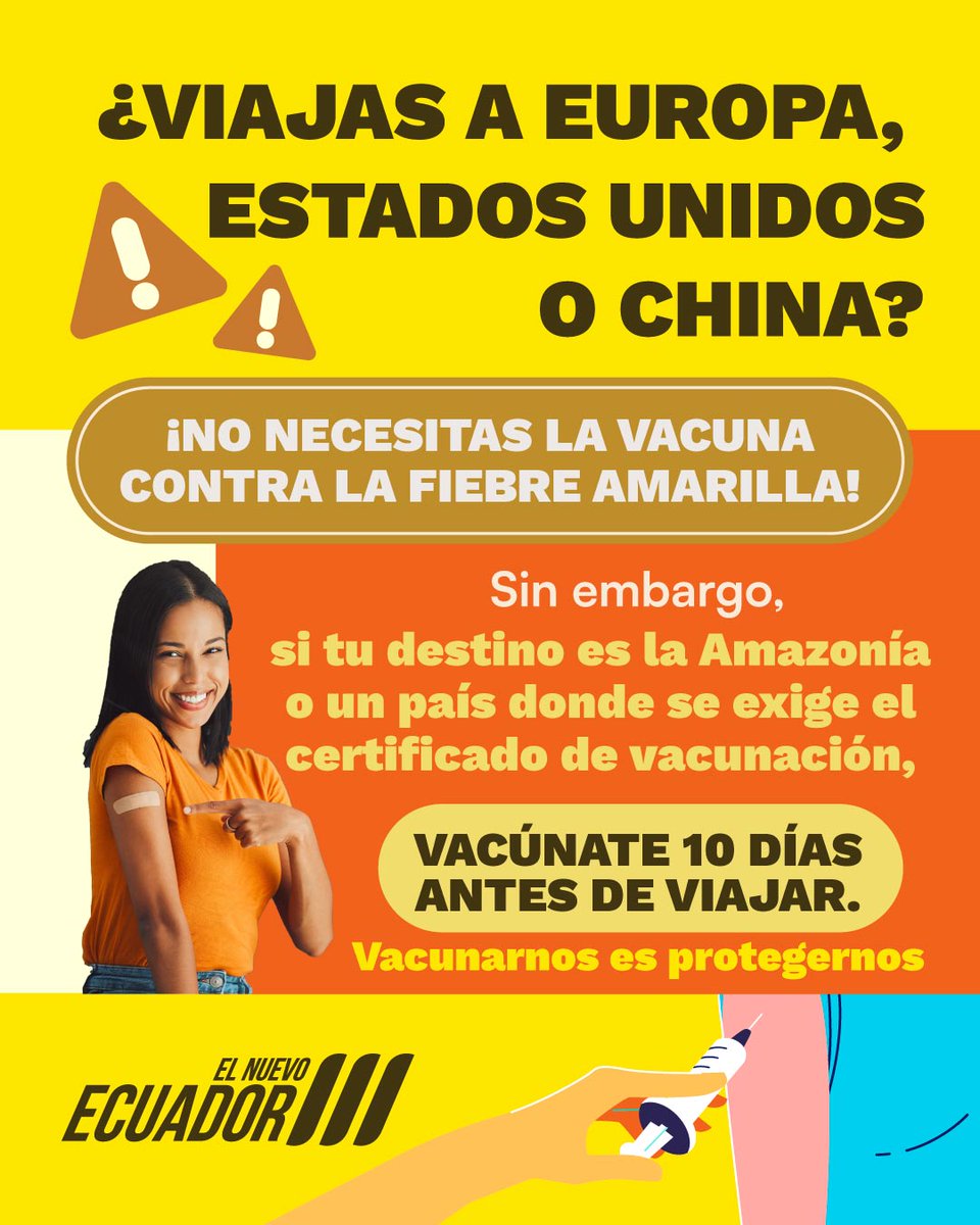 Si tienes planeado un viaje al exterior, revisa si tu destino exige el certificado de vacunación contra la Fiebre Amarilla. ✈️💉

ℹ️ Recuerda que no todos necesitamos la vacuna contra la Fiebre Amarilla.

#ElNuevoEcuador 🇪🇨